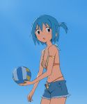  1girl :o arm_at_side armlet backlighting ball bangs bare_arms bare_shoulders beach_volleyball bikini bikini_under_clothes blue_background blue_eyes blue_hair blue_shorts blue_sky blush_stickers breasts cleavage collarbone cowboy_shot denim denim_shorts dot_nose eyebrows_visible_through_hair from_side gradient gradient_background gradient_sky hair_between_eyes hair_tie half_updo halterneck highleg highleg_bikini holding holding_ball jewelry kondoo looking_at_viewer looking_to_the_side mahou_shoujo_madoka_magica miki_sayaka navel open_clothes open_fly open_mouth open_shorts outdoors short_hair shorts simple_background sky small_breasts solo stomach striped striped_bikini_top swimsuit tareme unbuttoned v-shaped_eyebrows volleyball 