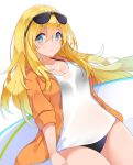  1girl bikini black_bikini blonde_hair blue_eyes blush breasts cleavage closed_mouth eyebrows_visible_through_hair hair_between_eyes halterneck highres holding jacket long_hair looking_at_viewer matsunoki_(unknown_751) open_clothes open_jacket orange_jacket original shirt simple_background solo sunglasses surfboard swimsuit wet wet_clothes wet_shirt white_background white_shirt 