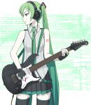  1girl bare_shoulders black_gloves black_legwear black_skirt closed_mouth collared_shirt cowboy_shot electric_guitar fingerless_gloves gloves gradient_hair green_eyes green_hair green_neckwear guitar hatsune_miku headphones holding holding_instrument instrument itou_(onsoku_tassha) long_hair looking_to_the_side multicolored_hair music necktie playing_instrument pleated_skirt plectrum profile shirt skirt sleeveless sleeveless_shirt solo thighhighs very_long_hair vocaloid wing_collar 