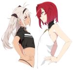  2girls akitetsu ange_katrina antenna_hair bare_shoulders black_collar blue_eyes collar commentary crop_top cropped_torso dark_skin eye_contact flat_chest grey_hair grin hair_between_eyes hair_intakes hair_ornament hairband hairclip hands_on_hips long_hair looking_at_another matsukai_mao multiple_girls nijisanji panty_straps profile purple_eyes red_hair shirt short_hair skindentation sleeveless sleeveless_shirt smile spiked_collar spikes symbol_commentary t-shirt teeth transparent_background twintails upper_body virtual_youtuber 