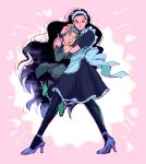  1boy 1girl black_hair diamond_wa_kudakenai hirose_kouichi hug jojo_no_kimyou_na_bouken long_hair maid oniyama831 pink_background yamagishi_yukako 