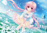  ameto_yuki blush braids building clouds flowers game-style haru_(karenai_sekai_to_owaru_hana) karenai_sekai_to_owaru_hana long_hair necklace pink_eyes pink_hair skirt sky sweet&amp;tea twintails 