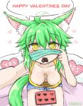  1girl :3 absurdres ahoge animal_ear_fluff animal_ears artist_name bangs blue_shorts blush breasts camisole candy cat_ears cat_girl cat_tail chocolate chocolate_heart closed_mouth commentary_request downblouse eyebrows_visible_through_hair food food_in_mouth green_hair greenteaneko greenteaneko-chan hair_between_eyes happy_valentine heart heart-shaped_pupils highres lifted_by_self mask_lift medium_breasts mouth_hold original reaching_out self_shot short_shorts shorts sitting solo surgical_mask symbol-shaped_pupils tail valentine yellow_camisole yellow_eyes yes yes-no_pillow 
