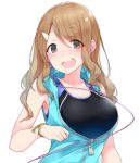  1girl :3 :d black_swimsuit blue_hoodie blush bracelet breasts brown_hair cleavage copyright_request earphones eyebrows_visible_through_hair eyes_visible_through_hair grey_eyes hair_ornament hairclip hood hood_down hoodie jewelry large_breasts looking_at_viewer matsunoki_(unknown_751) one-piece_swimsuit open_mouth simple_background sleeveless sleeveless_hoodie smile solo sweatdrop swimsuit upper_body white_background 