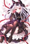  1girl animal_hood azur_lane bangs bed_sheet belt_boots black_bow black_dress black_footwear blush boots bow bowtie box breasts commentary_request convenient_leg cross cross-laced_clothes cross_necklace dress erebus_(azur_lane) eyebrows_visible_through_hair frilled_sleeves frills full_body gift gothic_lolita heart heart-shaped_box hidamari_(hi_da_mari123) holding holding_gift hood hood_up jewelry knees_up layered_dress lolita_fashion long_hair long_sleeves looking_at_viewer lying necklace on_back on_bed platform_boots red_eyes red_ribbon ribbon shadow sidelocks signature small_breasts smile solo thighhighs valentine wedding_dress white_hair zettai_ryouiki 