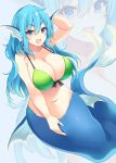  1girl :d absurdres bikini blue_eyes blue_hair bow_bikini breasts cleavage eyebrows_visible_through_hair fang gradient_hair green_bikini hair_between_eyes hand_behind_head hand_up head_fins highres huge_breasts long_hair looking_at_viewer matsunoki_(unknown_751) mermaid monster_girl multicolored_hair navel open_mouth original smile solo swimsuit zoom_layer 