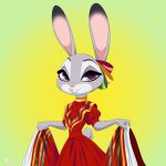  1:1 2019 anthro clothed clothing dipstick_ears disney dress fully_clothed fur green_background grey_body grey_fur hi_res judy_hopps lagomorph leporid looking_at_viewer mammal multicolored_ears purple_eyes rabbit simple_background skeletonguys-and-ragdolls smile solo zootopia 