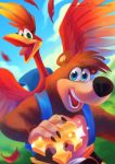  :d backpack bag banjo-kazooie banjo_(banjo-kazooie) bear bird blue_eyes blue_sky claws cloud cloudy_sky commentary day english_commentary eyelashes firequill grass green_eyes happy holding kazooie_(banjo-kazooie) looking_at_viewer no_humans open_mouth outdoors signature sky smile 