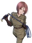  1girl breasts brown_eyes brown_hair closed_mouth commentary gloves highres looking_at_viewer military military_uniform nyatokanyaru short_hair simple_background solo the_king_of_fighters uniform whip whip_(kof) white_background 