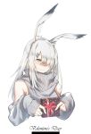 1girl animal_ears arknights bare_shoulders box bunny_ears chinese_commentary commentary_request cropped_torso detached_sleeves eyebrows_visible_through_hair frostnova_(arknights) grey_eyes grey_sweater hair_ornament hair_over_one_eye hairclip holding holding_box long_hair long_sleeves sidelocks silver_hair simple_background sleeves_past_wrists solo sweater upper_body valentine white_background xion32 