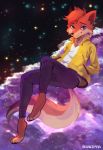  2019 anthro barefoot blue_eyes bottomwear bukoya-star canid canine cheek_tuft clothed clothing facial_tuft fox fully_clothed fur head_tuft hi_res jacket looking_at_viewer mammal neck_tuft orange_body orange_fur pants shirt smile solo star topwear tuft 