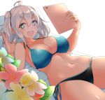  :d ahoge beach_chair bikini black_bikini_bottom blue_bikini_top breasts fang flower hair_between_eyes halterneck highres holding huge_breasts looking_at_viewer lying matsunoki_(unknown_751) mismatched_bikini navel on_back open_mouth original reclining red_flower side-tie_bikini simple_background smile star star-shaped_pupils swimsuit symbol-shaped_pupils tablet_pc twintails white_background white_hair yellow_flower 