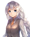  1girl blue_eyes braid breasts brown_vest coffee_tart collared_shirt hair_between_eyes hair_ornament hairclip highres kizuna_akari long_hair looking_at_viewer medium_breasts orange_neckwear parted_lips shirt silver_hair simple_background solo star star_print twin_braids twintails upper_body very_long_hair vest vocaloid voiceroid white_background white_shirt 