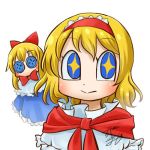 1girl alice_margatroid avatar_icon blonde_hair blue_dress blue_eyes bow bowtie button_eyes chamaji commentary doll dress eyebrows_visible_through_hair frilled_hairband frills hair_between_eyes hair_bow hairband looking_at_viewer lowres red_bow red_hairband red_neckwear sash shanghai_doll short_hair signature simple_background star star-shaped_pupils symbol-shaped_pupils touhou upper_body 