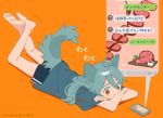  1girl :3 animal_ears antenna_hair aqua_hair bangs bare_legs barefoot beef blue_shirt blue_shorts blush cat_ears cat_tail cellphone chat_log closed_mouth crossed_ankles crossed_arms dot_nose eyebrows feet_up food from_side hair_between_eyes head_rest kneepits legs_up line_(naver) long_hair looking_away looking_down lying meat motion_lines navy_blue_shorts niwabuki on_stomach onomatopoeia orange_background original phone phone_screen red_eyes satonaka_ruka shirt short_sleeves shorts signature simple_background smartphone smile solo steak tail tareme timestamp translated 