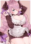  1girl apron blue_eyes blush bow braid breasts chi_candy cleavage cleavage_cutout draph dress frilled_apron frills granblue_fantasy hair_bow hair_ornament heart heart_hair_ornament highres horns large_breasts lavender_hair long_hair nail_polish narmaya_(granblue_fantasy) simple_background sitting solo sweater sweater_dress twintails white_apron white_legwear 