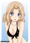  1girl :p bikini black_bikini blonde_hair blue_background blue_eyes breasts cleavage closed_mouth commentary eyebrows_visible_through_hair flipper front-tie_bikini front-tie_top girls_und_panzer gradient gradient_background hair_intakes kay_(girls_und_panzer) leaning_to_the_side long_hair looking_at_viewer medium_breasts outside_border smile solo swimsuit tongue tongue_out twintails upper_body 