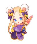  1girl :d abigail_williams_(fate/grand_order) animal_ears bangs barefoot blonde_hair blue_eyes blush bow checkered checkered_bow checkered_kimono chibi chinese_zodiac eyebrows_visible_through_hair fake_animal_ears fate/grand_order fate_(series) forehead full_body hagoita hair_bow hanetsuki highres holding japanese_clothes kimono long_sleeves mouse_ears open_mouth orange_bow paddle panco_neco parted_bangs polka_dot polka_dot_bow purple_bow purple_kimono sidelocks simple_background smile solo two-handed white_background wide_sleeves year_of_the_rat 