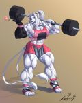  &lt;3 abs absurd_res anthro barbell big_breasts breasts faogwolf felid female hi_res kincade lion mammal multi_tail muscular muscular_female pantherine scar thick_thighs 