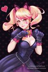  1girl alternate_costume animal_ears black_cat_d.va black_dress black_gloves blonde_hair breasts cat_ears cleavage closed_mouth commentary d.va_(overwatch) dress earrings facepaint facial_mark gloves heart heart_earrings jewelry lolita_fashion looking_at_viewer olga_narhova overwatch puffy_sleeves solo twintails 