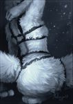  2018 ambiguous_species anthro bondage_gear fluffy fluffy_tail fur grey_background harness light lighting medaya simple_background solo three-quarter_view white_body white_fur 