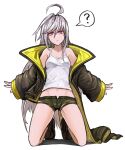  1girl ? bangs full_body hair_between_eyes highres jacket last_origin long_hair looking_at_viewer midriff navel pink_eyes short_shorts shorts solo spoken_question_mark tank_top user_zyzu3435 very_long_hair white_hair x-05_emily 