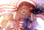  1girl american_flag american_flag_dress arms_up blonde_hair blurry bokeh closed_eyes clownpiece commentary_request depth_of_field facing_viewer fairy_wings flag hat highres holding holding_flag jester_cap light_particles long_hair mozuno_(mozya_7) neck_ruff open_mouth polka_dot_hat simple_background solo standing touhou upper_body upper_teeth very_long_hair white_background wings 