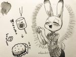  2018 4:3 ahiru621 anthro clothed clothing dipstick_ears disney eyes_closed food fully_clothed holding_food holding_object inktober japanese_text judy_hopps lagomorph leporid mammal multicolored_ears open_mouth open_smile rabbit smile solo text traditional_media_(artwork) zootopia 