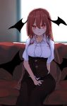  1girl arm_behind_back bangs black_skirt blurry blurry_background breasts commentary_request corset couch demon_wings eyebrows_visible_through_hair futatsuki_eru hair_between_eyes head_wings indoors koakuma long_hair looking_at_viewer medium_breasts red_eyes red_hair shirt short_sleeves sitting skirt smile solo touhou very_long_hair white_shirt wings 