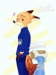  2019 3:4 anthro canid canine cheek_tuft clothed clothing disembodied_hand disney duo facial_tuft fox fully_clothed holding_cup holding_object looking_back mammal moromorowephi neck_tuft nick_wilde red_fox tuft zootopia 