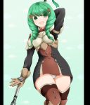  1girl :d ashita_yaru boots breastplate curly_hair dress fire_emblem fire_emblem:_three_houses flayn_(fire_emblem) gloves green_hair long_sleeves open_mouth panties pantyshot pegasus_knight polearm short_dress simple_background smile solo spear thigh_boots thighhighs underwear weapon white_panties 