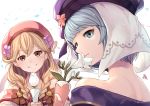  2girls blonde_hair blue_eyes blue_hair bow braid brown_eyes faye_(fire_emblem) fire_emblem fire_emblem_echoes:_shadows_of_valentia fire_emblem_heroes flower from_behind grin hair_bow hat highres holding long_hair looking_back multiple_girls nakabayashi_zun parted_lips petals short_hair silque_(fire_emblem) simple_background smile twin_braids upper_body white_background 