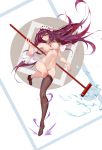  1girl absurdres blush breasts curvy fate/grand_order fate_(series) gae_bolg guernical hair_between_eyes hair_ornament highres holding holding_weapon jewelry large_breasts long_hair looking_at_viewer navel nipples no_bodysuit nude polearm purple_hair red_eyes scathach_(fate)_(all) scathach_(fate/grand_order) single_thighhigh smile solo spear thighhighs very_long_hair water weapon 