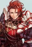  1boy armor granblue_fantasy hankuri looking_at_viewer male_focus pauldrons percival_(granblue_fantasy) red_eyes red_hair simple_background smile solo 