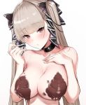  1girl azur_lane bangs black_bow black_choker black_ribbon blunt_bangs blush bow breasts brown_eyes chocolate chocolate_covered chocolate_on_body chocolate_on_breasts choker close-up closed_mouth collarbone commentary_request covered_nipples eyebrows_visible_through_hair fingernails food_on_body formidable_(azur_lane) gradient gradient_background grey_hair hair_bow hair_ornament hair_ribbon hand_on_own_chest hands_up head_tilt hong_jo large_breasts long_hair looking_at_viewer naked_chocolate nude platinum_blonde_hair ribbon solo standing twintails two-tone_ribbon upper_body very_long_hair 