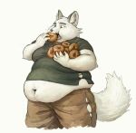  arctic_fox belly big_belly canid canine cettus clothed clothing eating food fox male mammal obese overweight overweight_male torn_clothing 