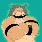  arsalan barazoku beard belt crossed_arms facial_hair felid fur green_background green_hair hair kira_nerisu lion looking_at_viewer male mammal muscular muscular_male pantherine pink_nose red_eyes simple_background solo tokyo_afterschool_summoners video_games whiskers 