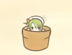  1girl :&lt; beige_background blush chibi flower_knight_girl flower_pot flying_sweatdrops green_hair hair_between_eyes hat in_container jitome koti looking_at_viewer saboten_(flower_knight_girl) short_hair solid_oval_eyes solo white_headwear 