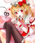  1girl bangs black_legwear blonde_hair blush candy chocolate chocolate_heart commentary earrings eyebrows_visible_through_hair flandre_scarlet food food_in_mouth hat head_tilt heart holding holding_pillow jewelry laevatein looking_at_viewer mob_cap one_side_up pantyhose pillow pointy_ears puffy_short_sleeves puffy_sleeves red_eyes red_skirt red_vest sakipsakip shirt short_hair short_sleeves simple_background sitting skirt smile solo touhou twitter_username valentine vest white_background white_legwear white_shirt wrist_cuffs 