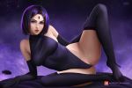  1girl breasts commentary dc_comics forehead_jewel gloves leotard looking_at_viewer olga_narhova purple_eyes purple_hair raven_(dc) short_hair solo teen_titans thighhighs 