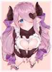  1girl apron bangs black_footwear blue_eyes blush bow braid breasts chi_candy cleavage cleavage_cutout draph dress frilled_apron frills granblue_fantasy hair_bow hair_ornament hair_over_one_eye heart heart-shaped_pupils heart_hair_ornament highres horns lavender_hair long_hair narmaya_(granblue_fantasy) smile solo sweater sweater_dress symbol-shaped_pupils white_legwear 