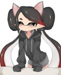  1girl animal_ears aori_(splatoon) black_hair black_shirt casual cat_ears closed_eyes closed_mouth commentary domino_mask earrings facing_viewer fake_animal_ears frown gradient_hair grey_shorts highres hood hood_down hoodie jewelry leaning_forward long_hair mask mole mole_under_eye multicolored_hair pointy_ears red_hair shirt short_shorts shorts simple_background sleeves_past_fingers sleeves_past_wrists smile solo splatoon_(series) standing sukeo_(nunswa08) tentacle_hair very_long_hair white_background 