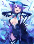  1girl bangs bare_shoulders blue_dress blue_eyes blue_fire blue_gloves blue_headwear blue_legwear blunt_bangs blush breasts center_opening dress elbow_gloves fate/grand_order fate_(series) fire fish floral_print gloves hair_ornament halo hands_up highres large_breasts leaf_hair_ornament long_hair looking_at_viewer natsuiro_xx open_mouth purple_hair sash smile solo thighhighs thighs very_long_hair yang_guifei_(fate/grand_order) 