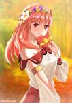  1girl absurdres armlet blurry blurry_background blush box breasts celica_(fire_emblem) chungmechanic cowboy_shot day depth_of_field dress earrings eyebrows_visible_through_hair fire_emblem fire_emblem_echoes:_shadows_of_valentia flower_wreath head_wreath heart-shaped_box highres jewelry lips long_hair long_sleeves looking_at_viewer medium_breasts off-shoulder_dress off_shoulder orange_hair outdoors red_eyes smile solo twitter_username valentine white_dress 