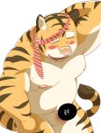  2016 anthro beakbum belly blush censored eyes_closed felid genitals hi_res kemono male mammal moobs nipples overweight overweight_male pantherine penis simple_background solo tiger white_background 