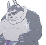  2020 anthro belly blush bulge cddi_h clothing cute_fangs humanoid_hands male moobs navel overweight overweight_male simple_background solo tokyo_afterschool_summoners tsathoggua underwear video_games white_background 