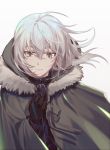  1girl black_gloves cape csyko fate/grand_order fate_(series) fur-trimmed_cape fur_trim gloves gray_(lord_el-melloi_ii) green_eyes grey_hair hair_between_eyes holding holding_ribbon hood hood_down hooded_cape lord_el-melloi_ii_case_files no_headwear ribbon short_hair smile solo 