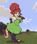  absurd_res amber_eyes anthro big_breasts breasts brown_eyes cleavage clothed clothing creeper didelphid dress eyeshadow green_eyeshadow hi_res makeup mammal marsupial minecraft pickaxe stunnerpony tania_(stunnerpone) text video_games virginia_opossum 