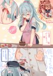  1boy 2girls admiral_(kantai_collection) alternate_hairstyle anchor_symbol apron bag black_sailor_collar black_skirt blue_apron cake chocolate_cake closed_eyes commentary_request finger_in_mouth food fruit head_out_of_frame hibiki_(kantai_collection) ikazuchi_(kantai_collection) kantai_collection long_hair megane_poni multiple_girls pleated_skirt ponytail sailor_collar satchel school_uniform serafuku silver_hair skirt sleeves_rolled_up solo_focus strawberry translation_request wall_of_text 