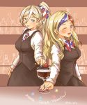  2girls alternate_costume anchor_hair_ornament bangs bartender blonde_hair blue_eyes blue_hair brown_skirt brown_vest collared_shirt commandant_teste_(kantai_collection) commentary_request french_flag french_text hair_between_eyes hair_ornament highres kantai_collection long_hair mole mole_under_eye mole_under_mouth multicolored multicolored_hair multicolored_nails multiple_girls neckwear red_hair richelieu_(kantai_collection) shirt skirt streaked_hair swept_bangs thrux tongue tongue_out translation_request vest white_hair white_shirt 